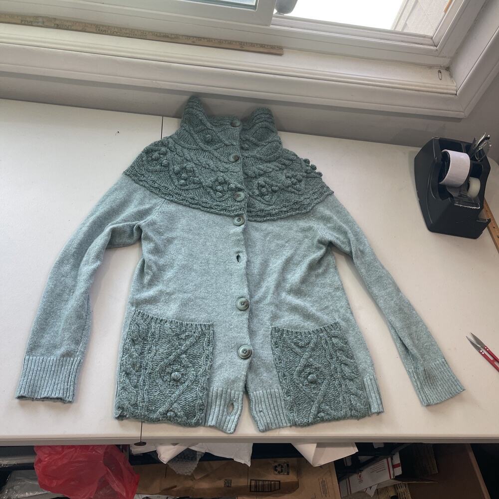 Anthropologie Wool Blend Cable Knit Cardigan Sweater Sz M High Neck FLAW
